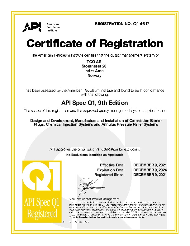 TCO AS in Bergen are now API Q1 certified TCO
